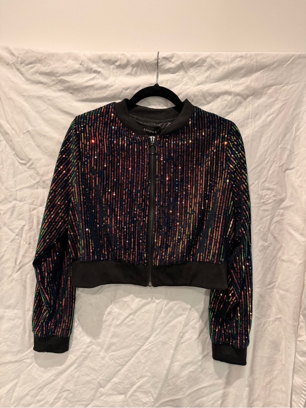 Allegra K Black Cropped Sequin Stripe Bomber Jacket